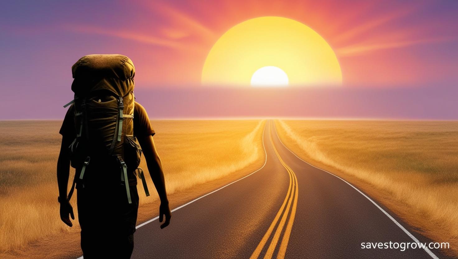 A lone backpacker walking a road at sunrise