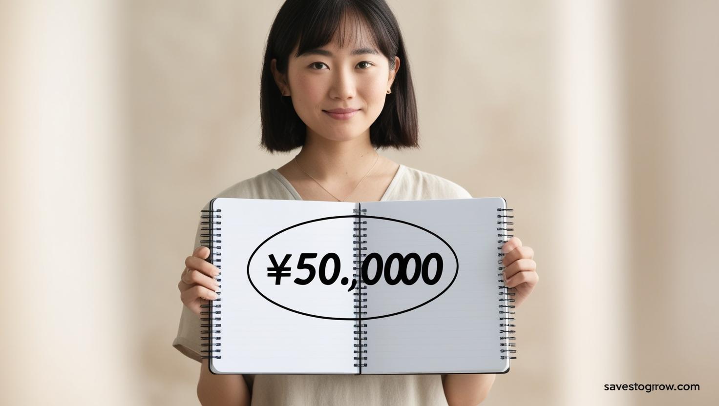 A person holding a notebook with “₹50 000”