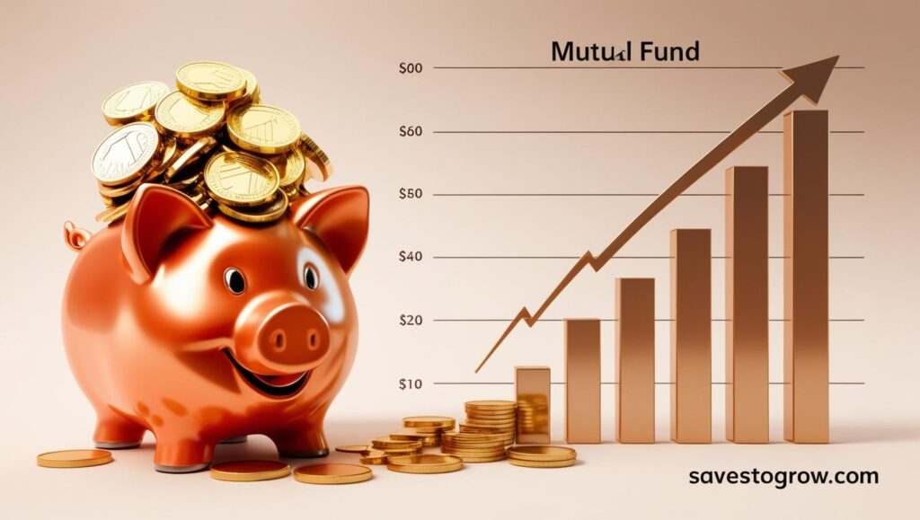 A piggy bank mutual fund graph and gold coins