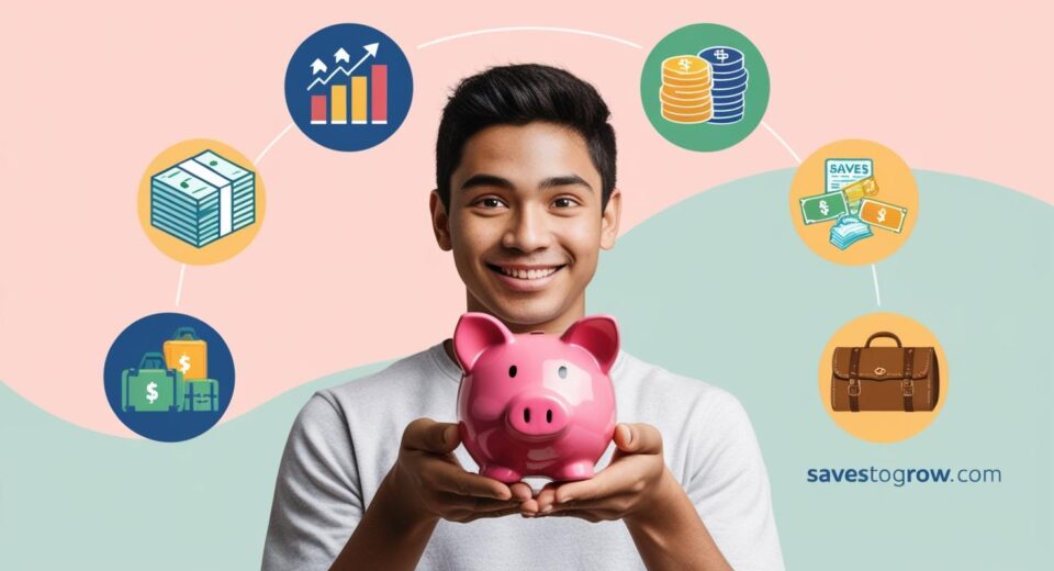 A young adult holding a piggy bank  surrounded by icons of stocks  mutual funds