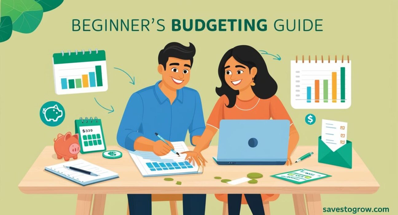 AIndian individual or young couple sitting at a table  creating a monthly budget