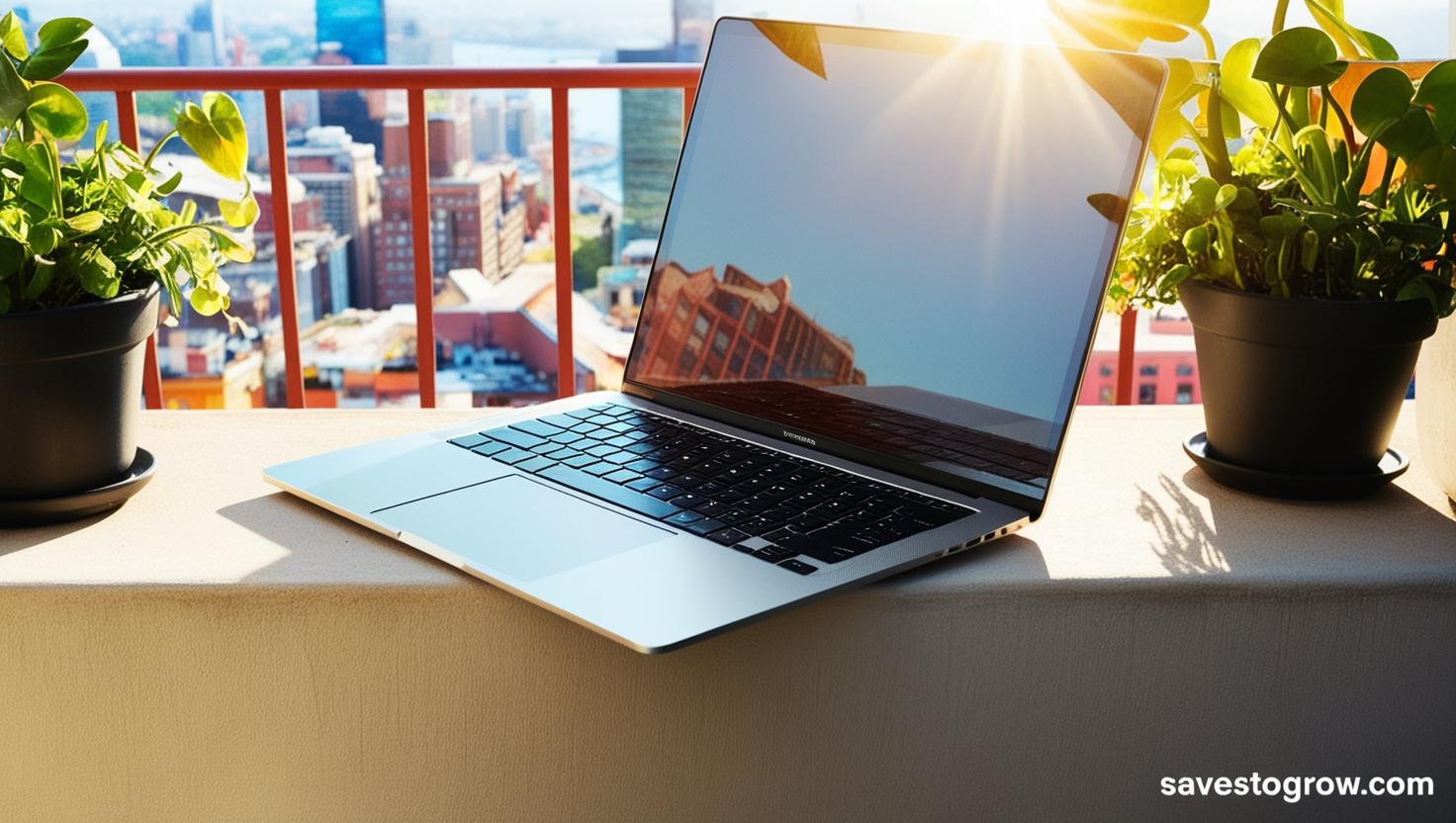 An open laptop on a balcony symbolizing freedom and hustle