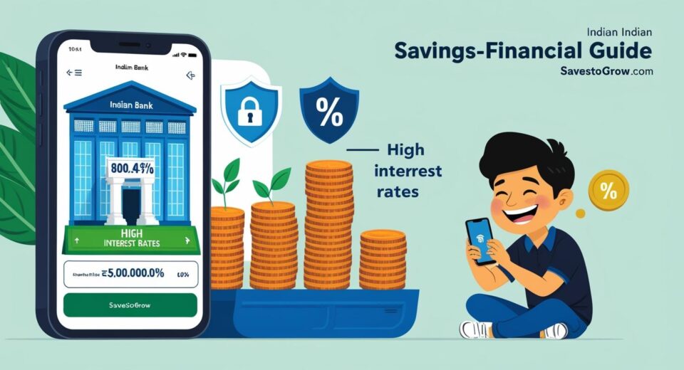 Indian bank building or digital banking app interface highlighting  High Interest Rates