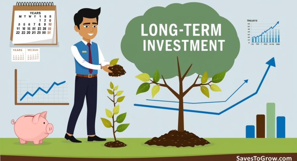 Indian investor planting a tree labeled Long Term Investment