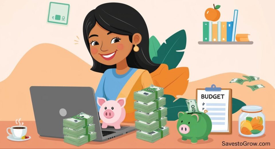 Indian person happily budgeting their expenses on a phone or laptop