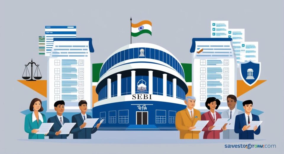 SEBI building or a generic Indian government office with the Indian flag