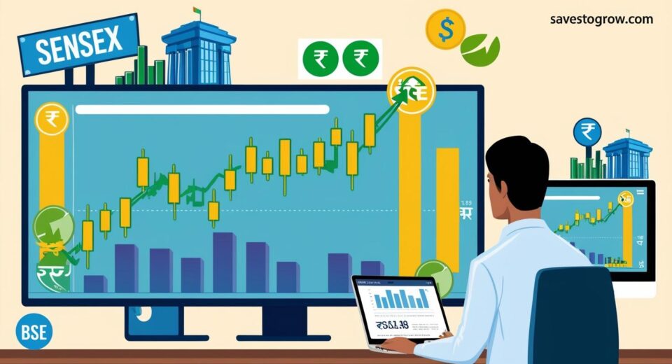 Sensex index chart with an upward trend
