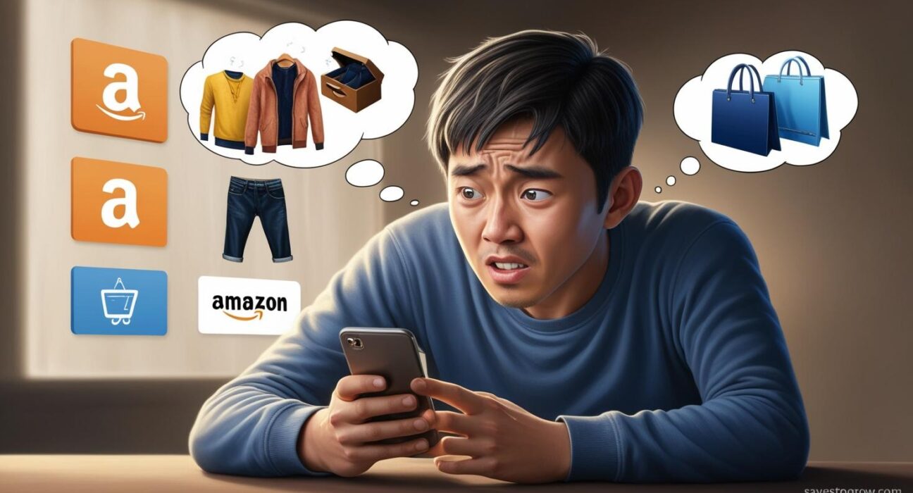 Thought bubbles showing impulse purchases like clothes or gadgets