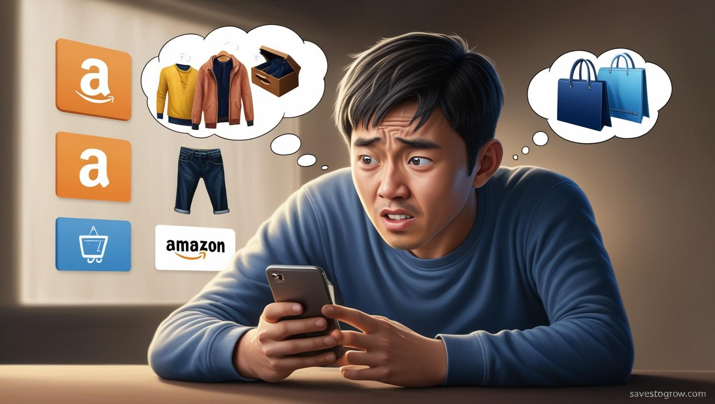 Thought bubbles showing impulse purchases like clothes or gadgets
