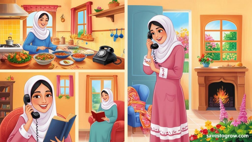 Warm cozy scene of someone cooking at home chatting on the phone reading a book