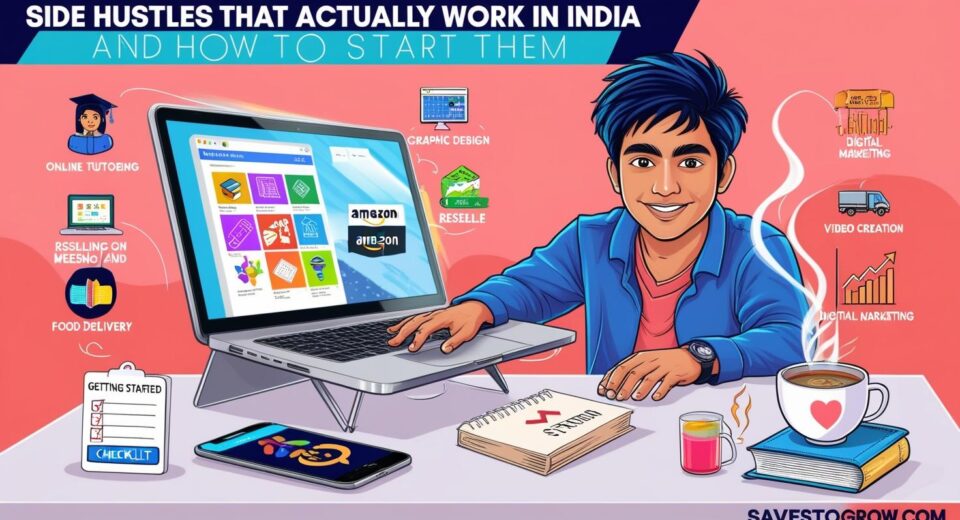 boy sitting at a desk with a laptop open  surrounded by icons or mini scenes representing different side hustles