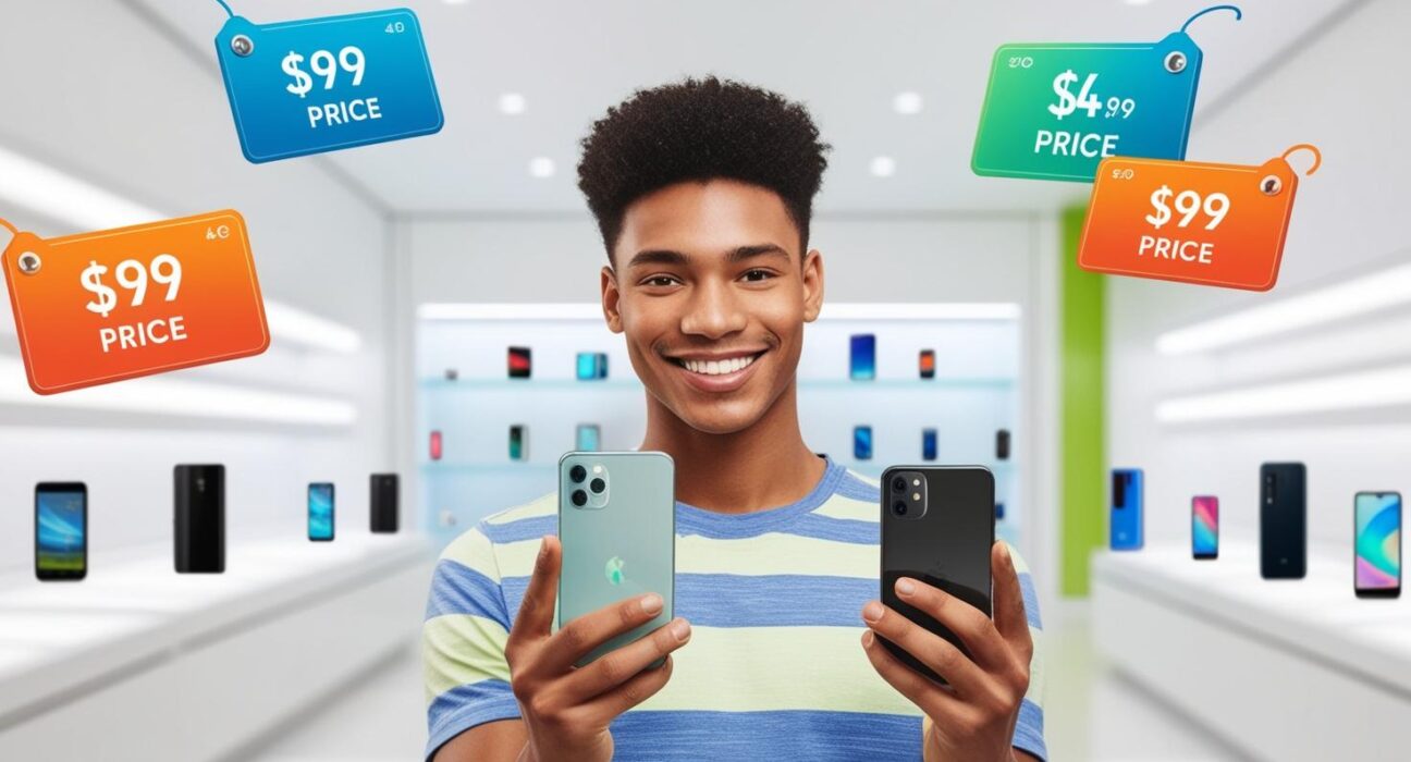 comparing prices on two smartphones one in each hand