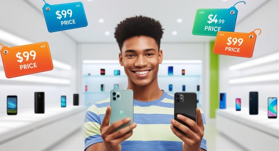 comparing prices on two smartphones one in each hand