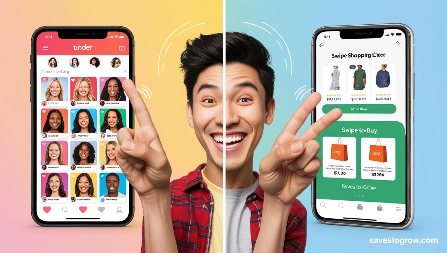 dating app interface (like Tinder) right side shows a shopping app with swiping on product deals