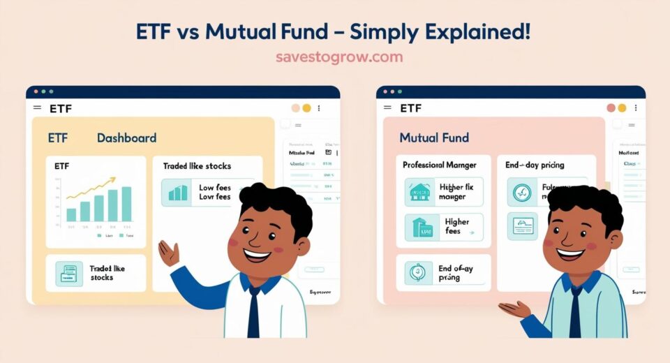 friendly cartoon style investor looking at a digital dashboard labeled ETF