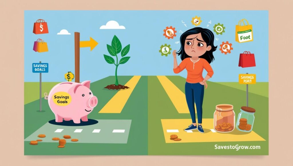 individual at a crossroads with one path leading to a piggy bank and savings goals