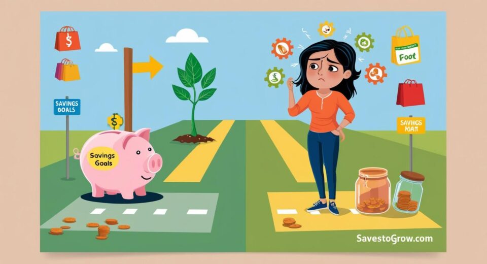 individual at a crossroads with one path leading to a piggy bank and savings goals