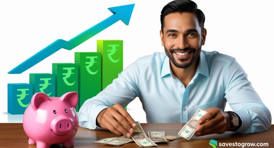 man counting coins with a piggy bank smiling.