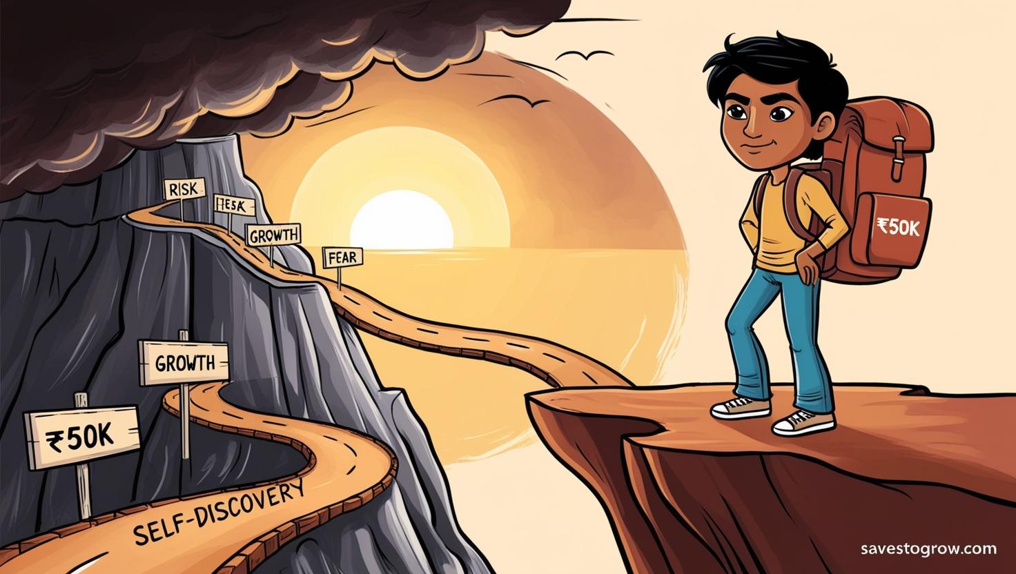 man standing on the edge of a cliff at sunrise with a small backpack