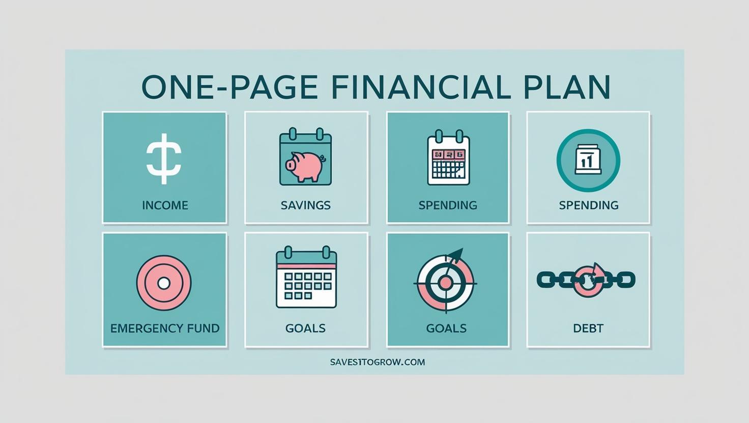 one page plan (Income Savings Spending Emergency Fund Goals Debt)