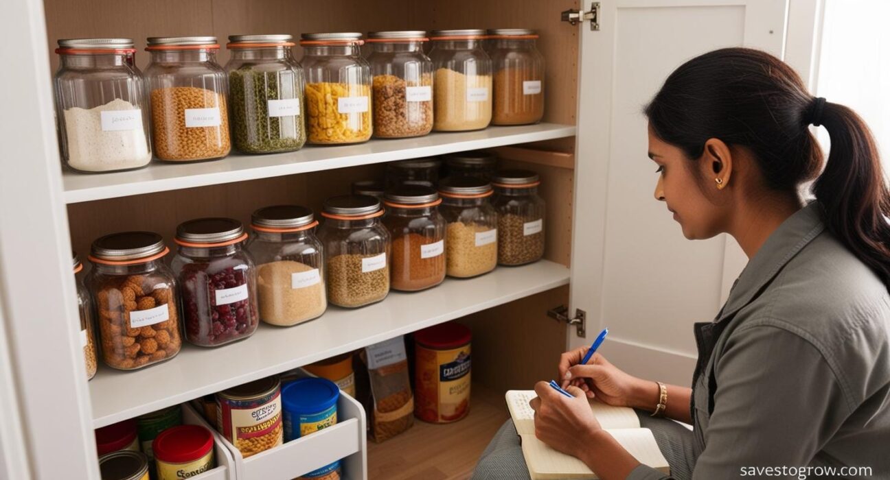 open pantry with labeled jars expired food highlighted