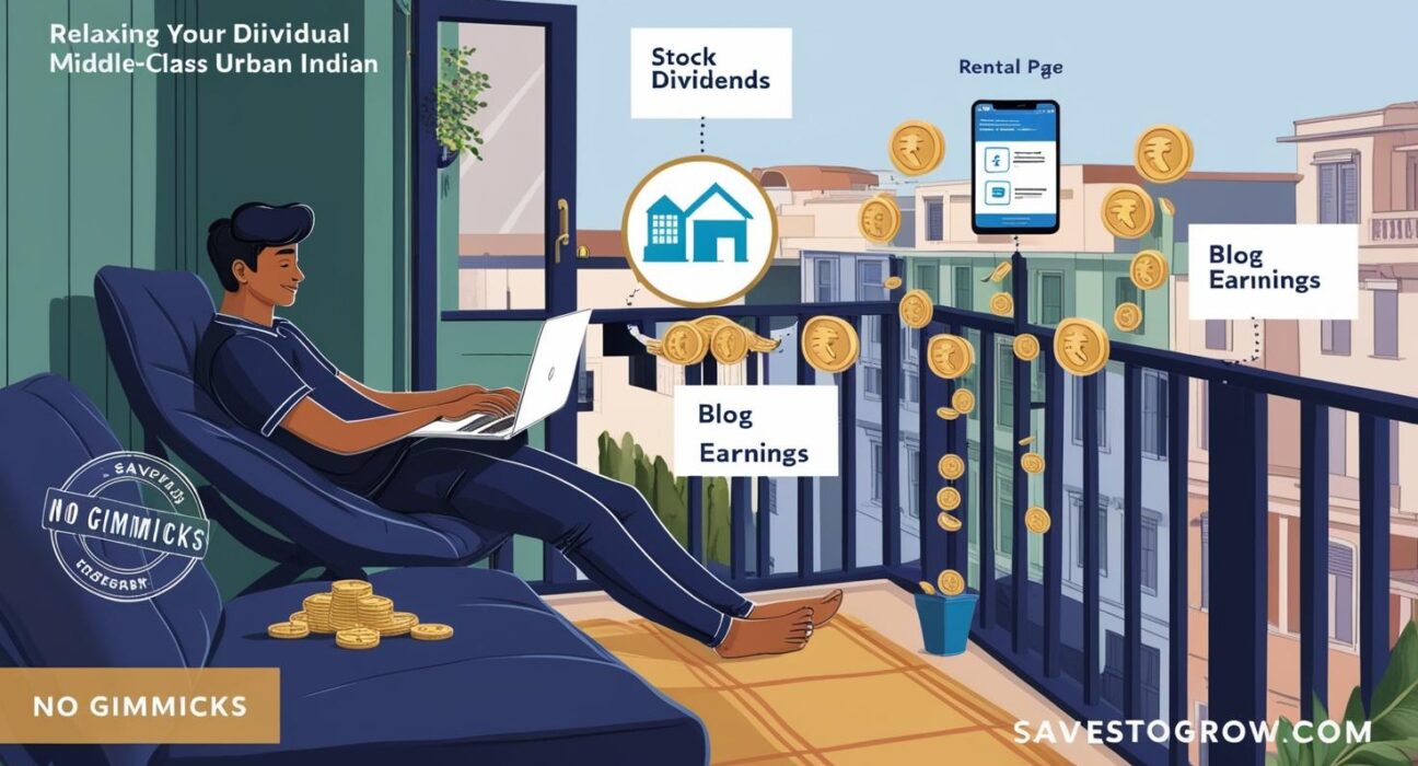 person relaxing on a balcony or in a cozy home space with a laptop nearby and money