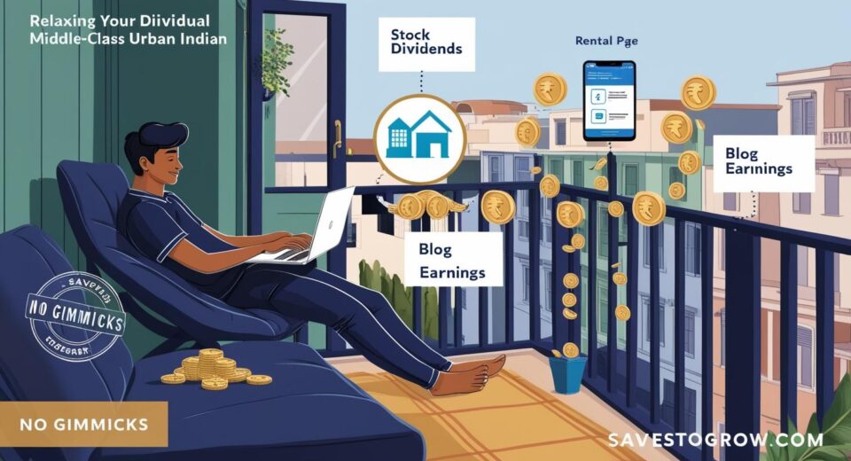 person relaxing on a balcony or in a cozy home space with a laptop nearby and money