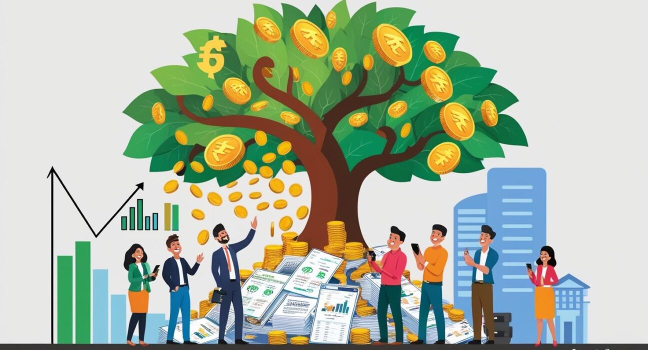 rupee coins being distributed from a large tree