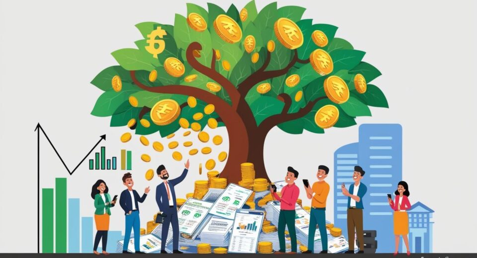 rupee coins being distributed from a large tree