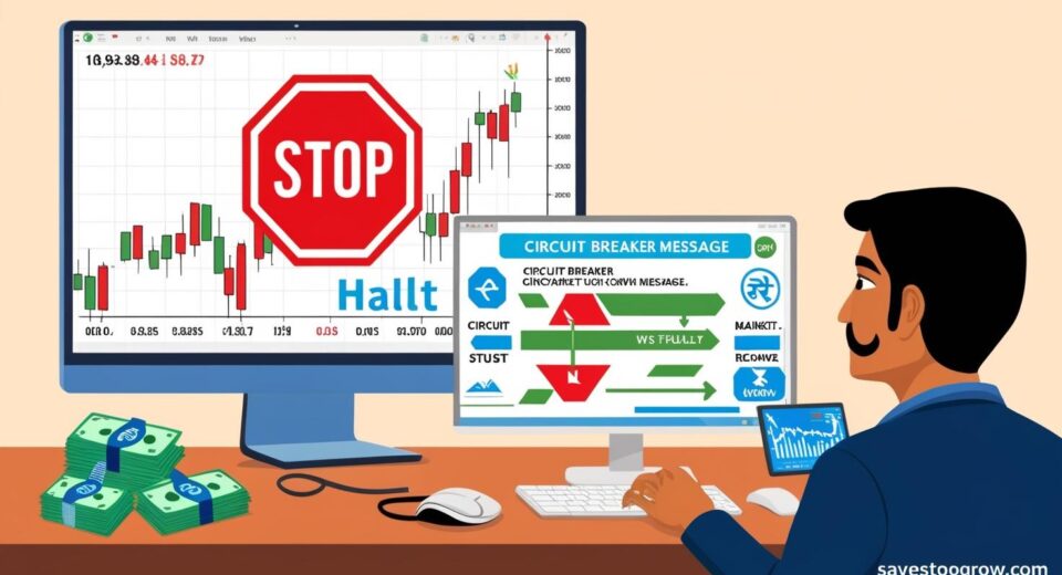 stock market chart with a dramatic halt or pause symbol