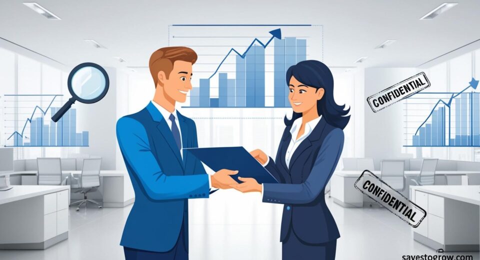 two business people exchanging confidential documents