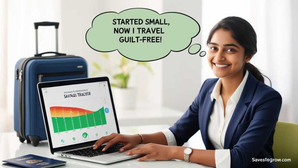 woman (mid 20s casual office wear) smiling at her laptop screen showing a savings tracker