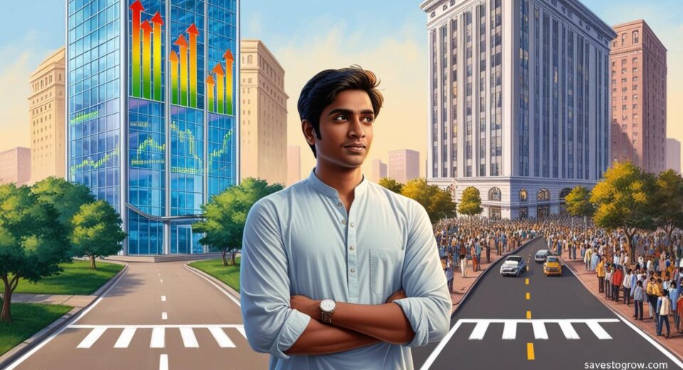 young Indian man standing at a crossroads