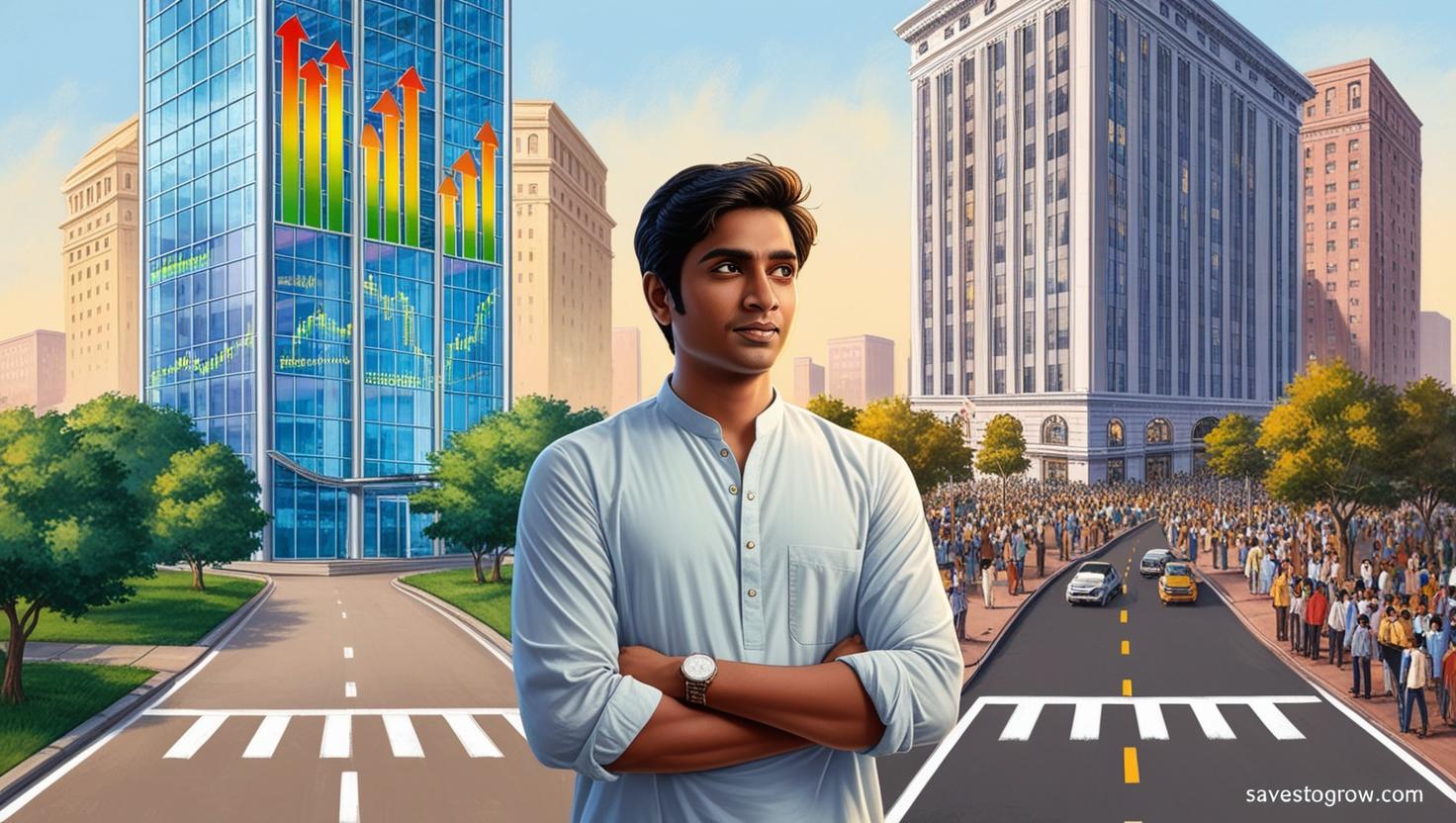 young Indian man standing at a crossroads