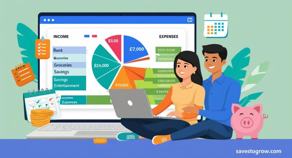 young couple managing their monthly budget using a laptop or smartphone