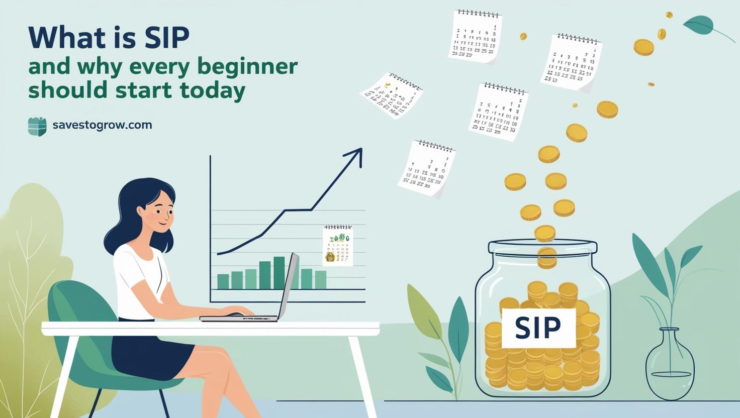 young person sitting at a desk with a laptop looking at a graph showing steady upward growth