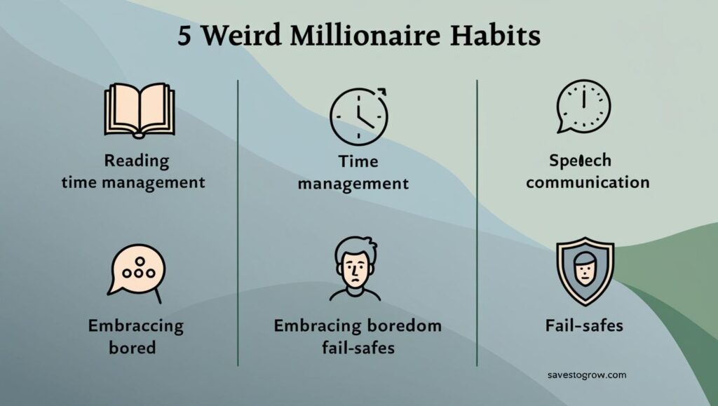 5 Weird Millionaire Habits” list with icons—book clock conversation boredom fail safe