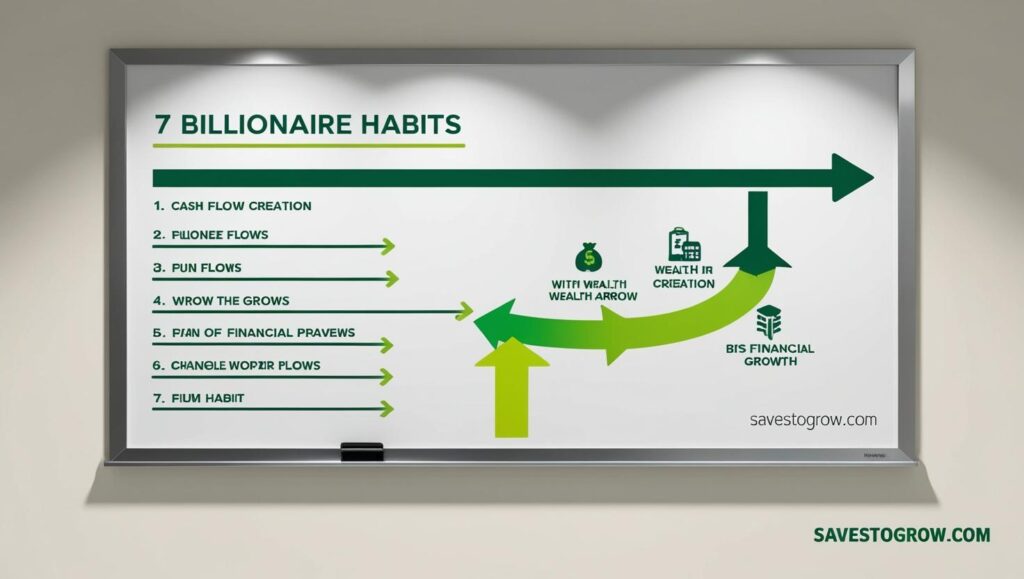 7 billionaire habits on a sleek whiteboard with cash flow arrows