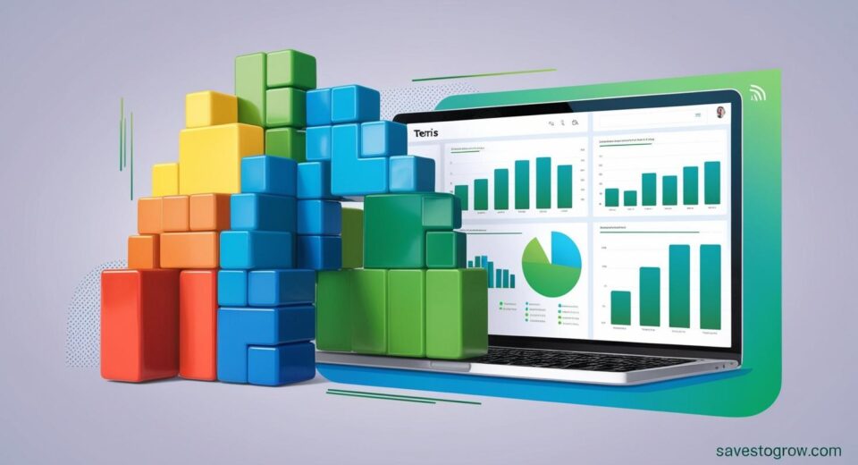 A Tetris game morphing into a digital financial dashboard or bar chart