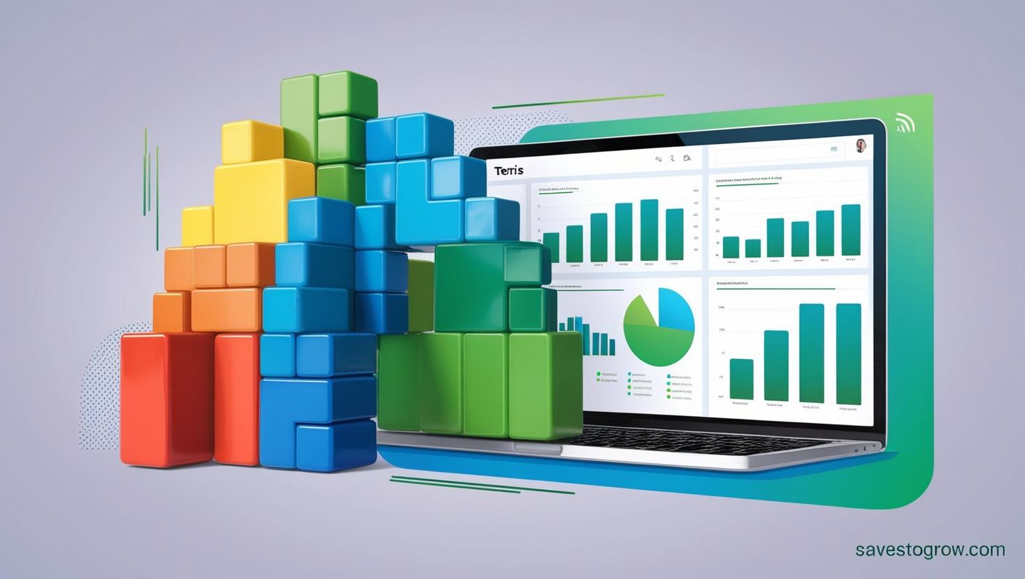 A Tetris game morphing into a digital financial dashboard or bar chart