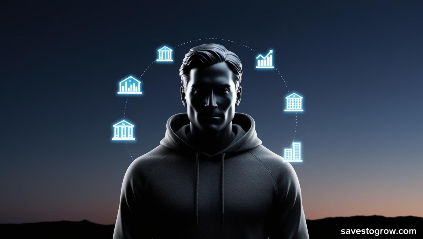 A billionaire style silhouette in a hoodie with glowing icons of assets (real estate stocks business)