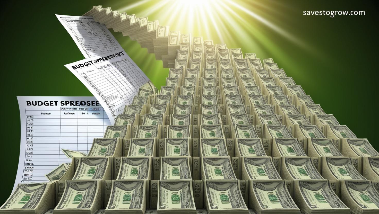 “A budget spreadsheet morphing into a staircase of dollar bills leading upward