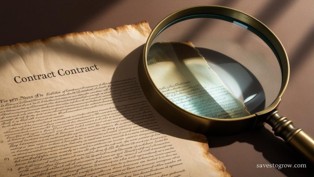 A hidden fine print contract under a magnifying glass symbolizing the hidden terms
