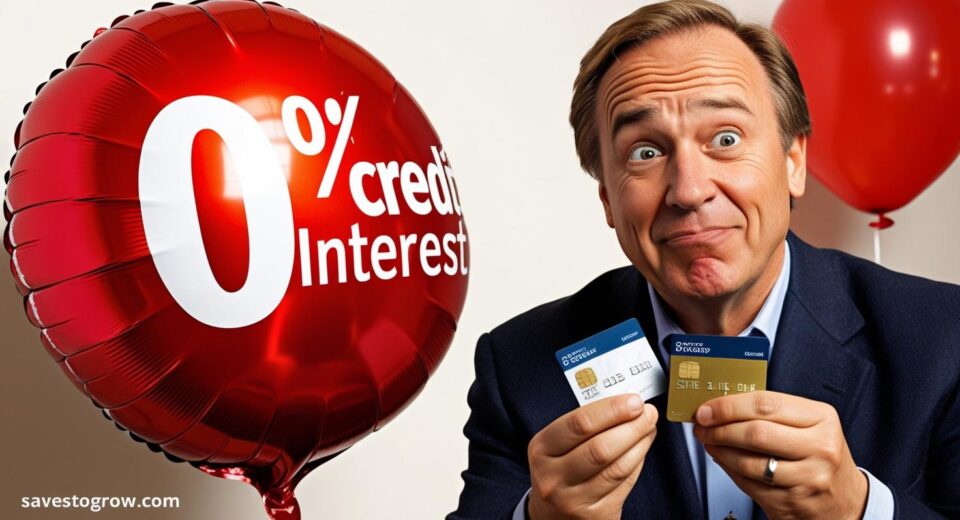 A man holding two credit cards looking confused at a 0%