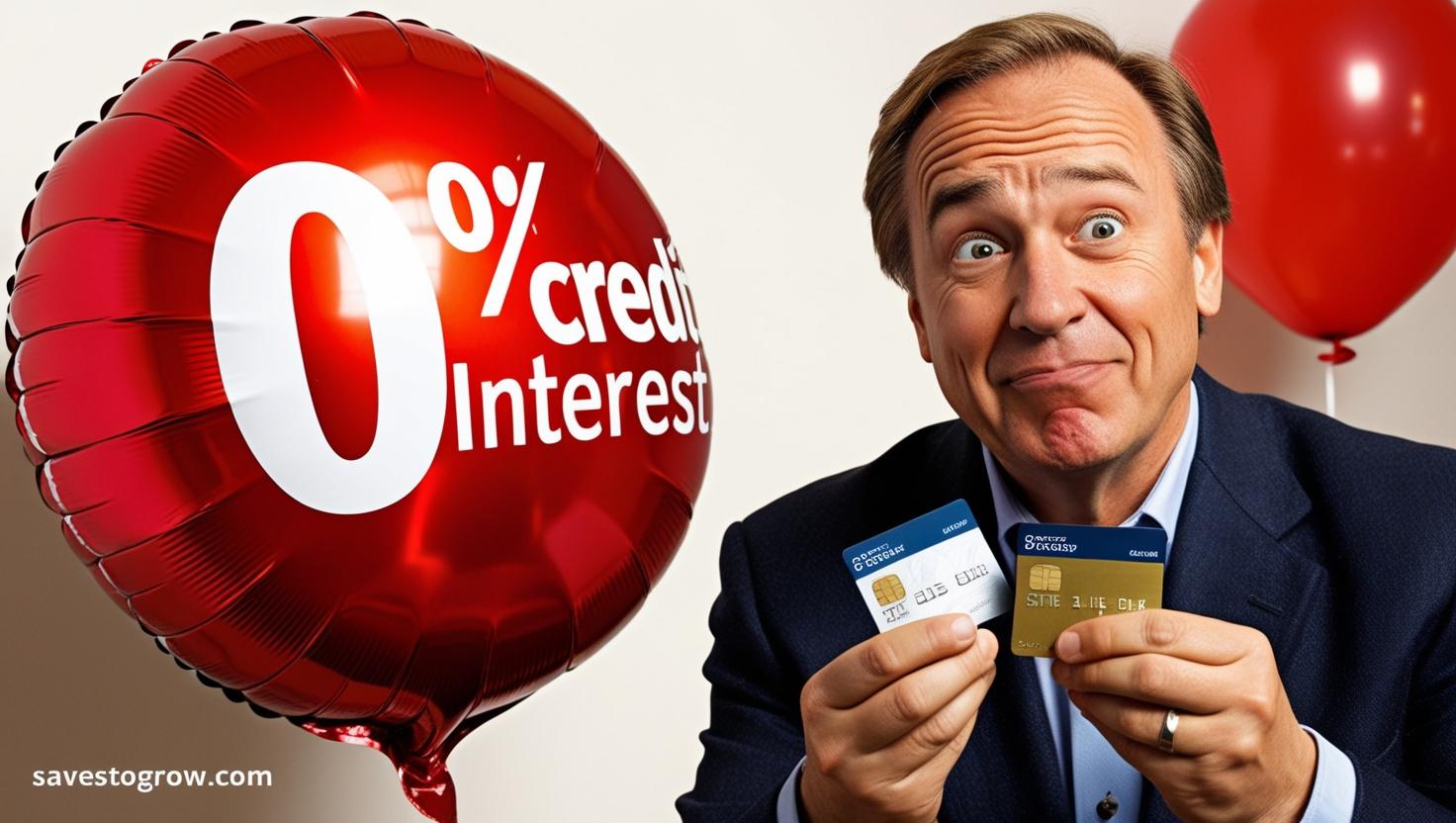 A man holding two credit cards looking confused at a 0%