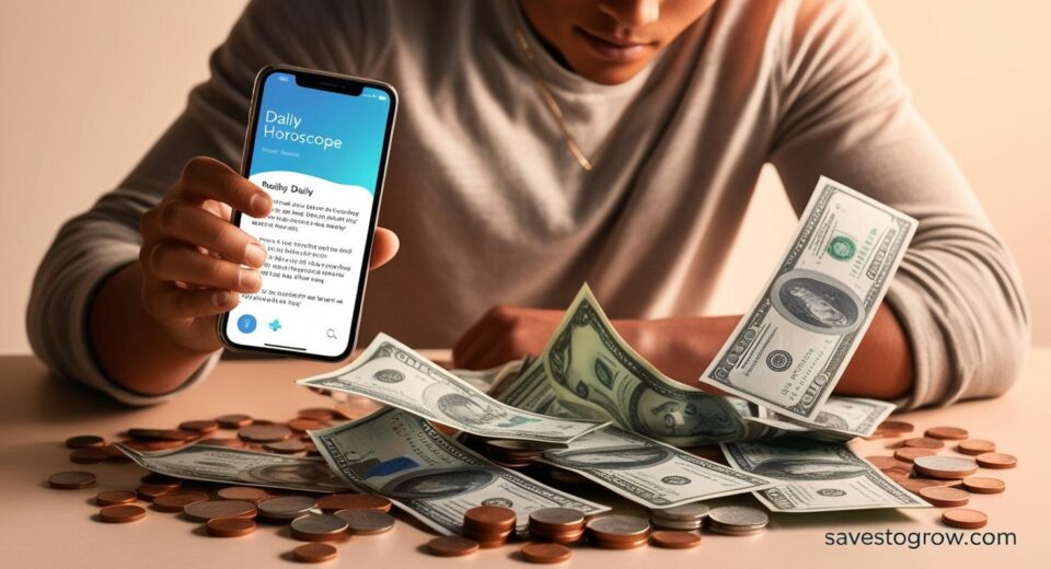 A person checking their horoscope on a phone surrounded by bills and coins