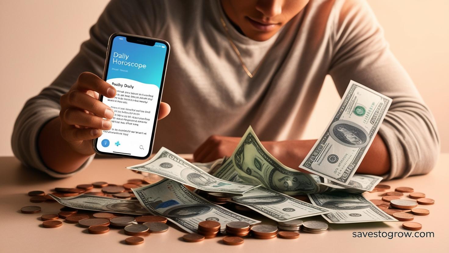 A person checking their horoscope on a phone surrounded by bills and coins