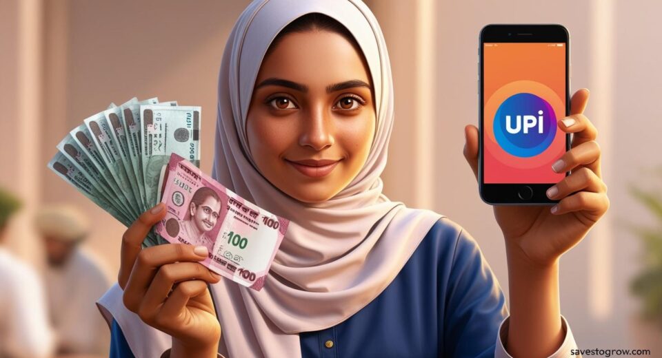 A person holding a thick wad of ₹100 notes in one hand and a smartphone UPI screen in the other