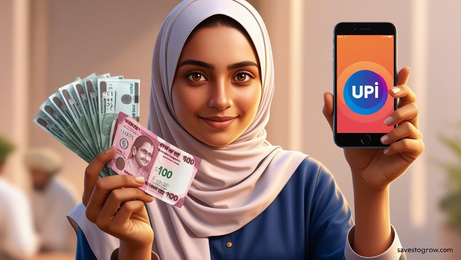 A person holding a thick wad of ₹100 notes in one hand and a smartphone UPI screen in the other