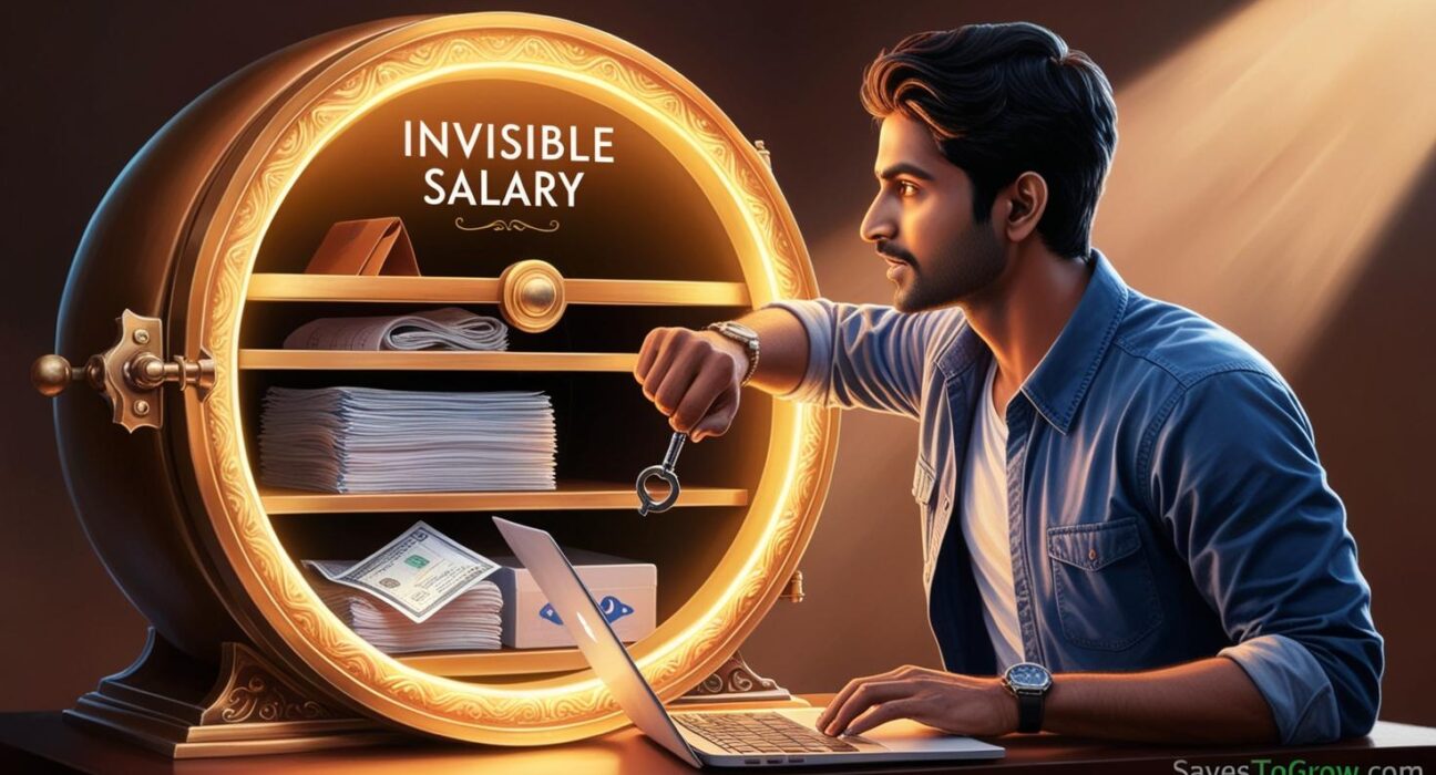 “A person unlocking a glowing vault labeled ‘Invisible Salary’